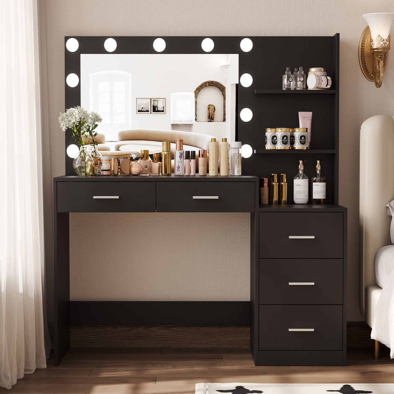 Rovaurx 46.7" Makeup Vanity Table with Lights and Mirror, 5 Drawers 