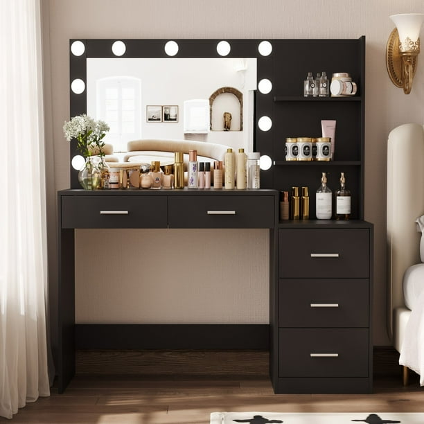 Rovaurx 46.7" Makeup Vanity Table with Lights and Mirror, 5 Drawers
