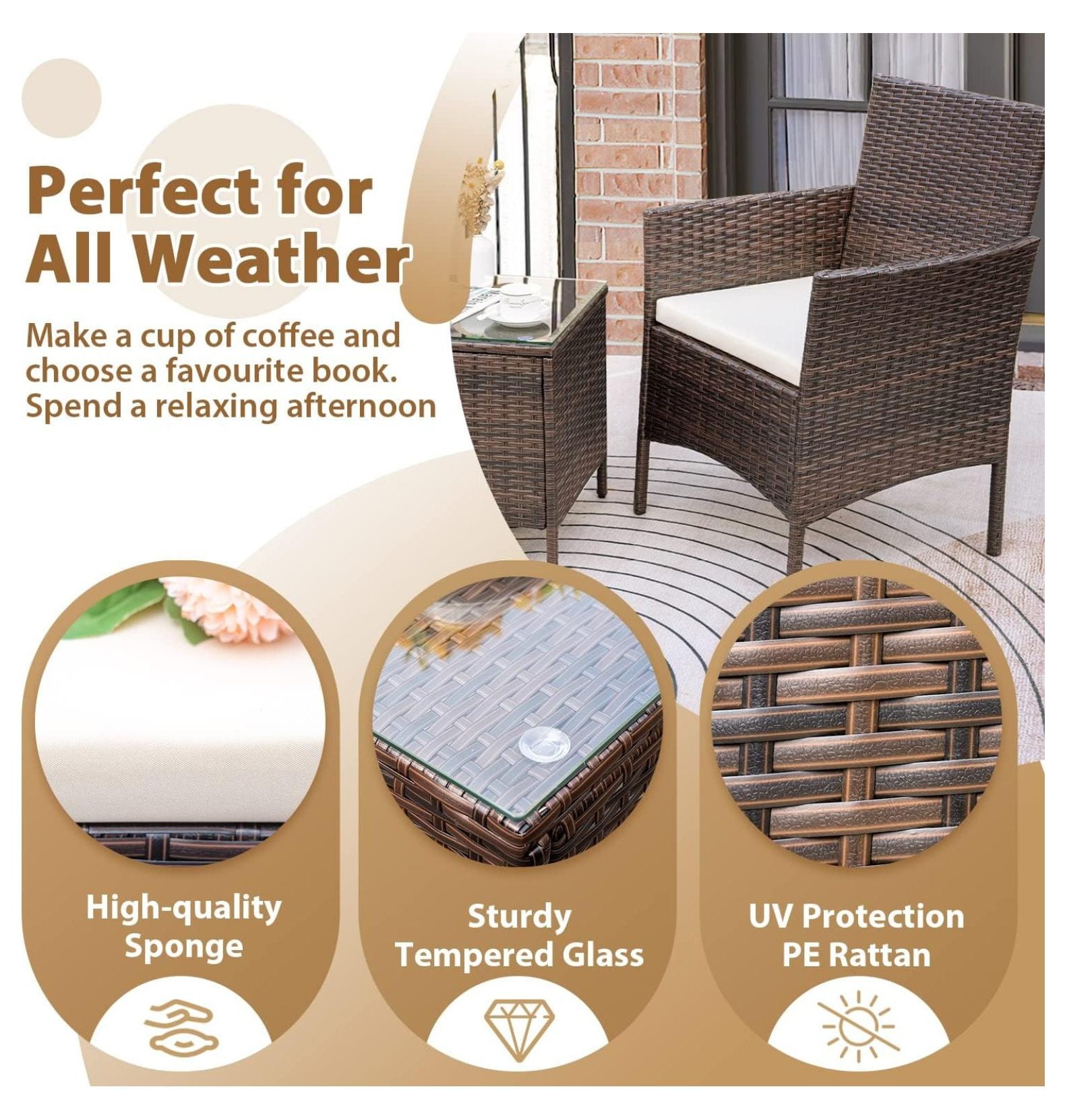 Patio Chairs Set of 2 Outdoor Front Porch Furniture Bistro Set 3 Piece Wicker Patio Chairs Balcony Furniture for Backyard Patio Balcony Lawn Pool (Brown)