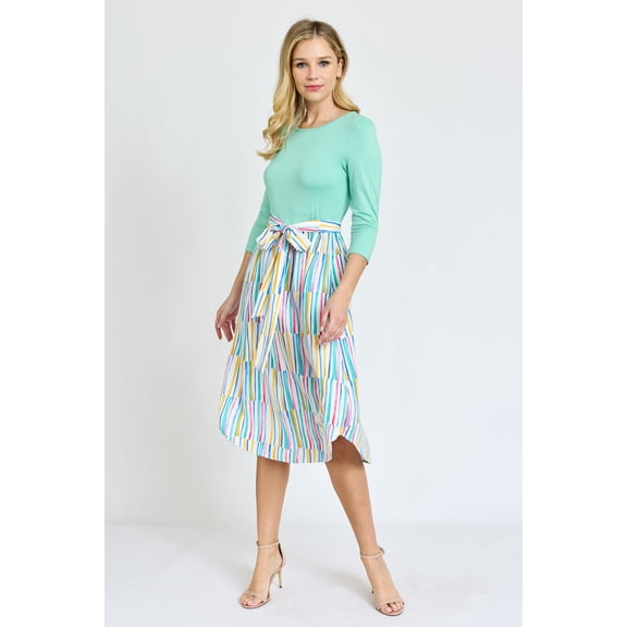 Pastel 3/4 Sleeve Ivory Water Color Stripe Sash Midi Dress | S-3X