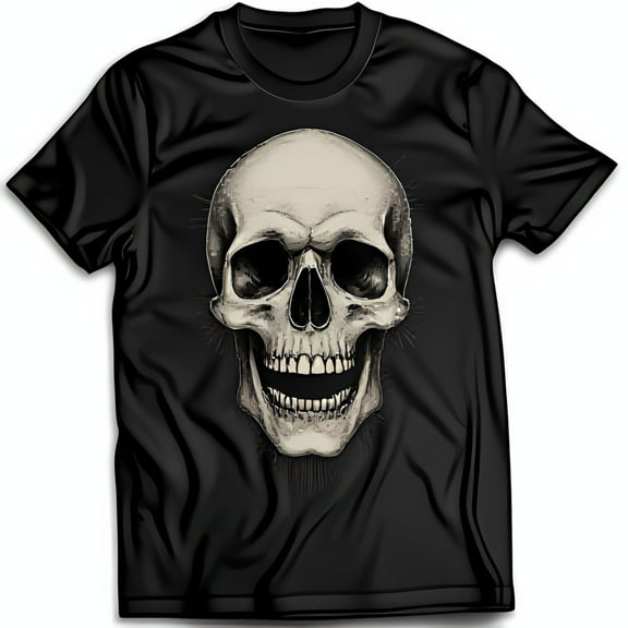 Men s Black T-Shirt with Large Grinning White Graphic Design
