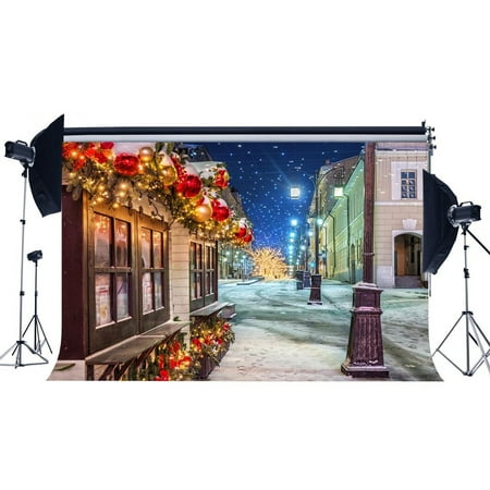HelloDecor Polyster 7x5ft Christmas Backdrop Cityscape Night View Road Lamp Shining Lights Golden Balls Bokeh Winter Xmas Photography Backdrops Happy New Year Background Kids Adults Photo Studio Props