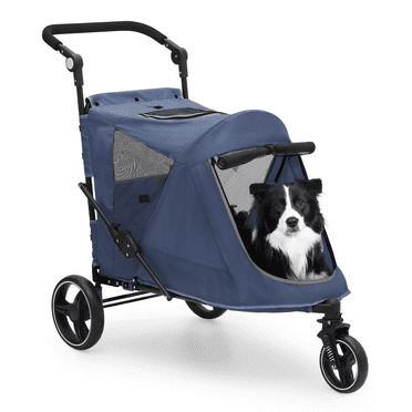 BEZT Pet Stroller with 3-Wheels&360 Swiveling,Dual Entry Portable Dog Carting Easy Folding Pet Wagon Double Dog Stroller,for Large Dogs or Multiple Dogs Cats with Adjustable Handle,Navy Blue