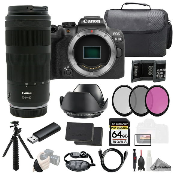 Canon EOS R10 Camera   RF 100-400mm f/5.6-8 IS USM Lens  64GB   Ext Bat  3 PC Filter- Kit (International Version)