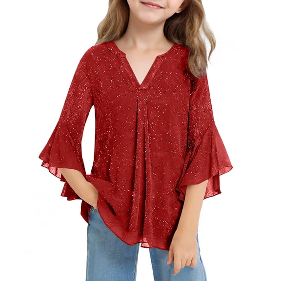 SERTG Girls Glitter Party Top Breathable 3/4 Sleeve V-Neck Blouse Fashion Big Kids Solid Color Spring Summer Holiday Pullover(Red,5-6 Years)
