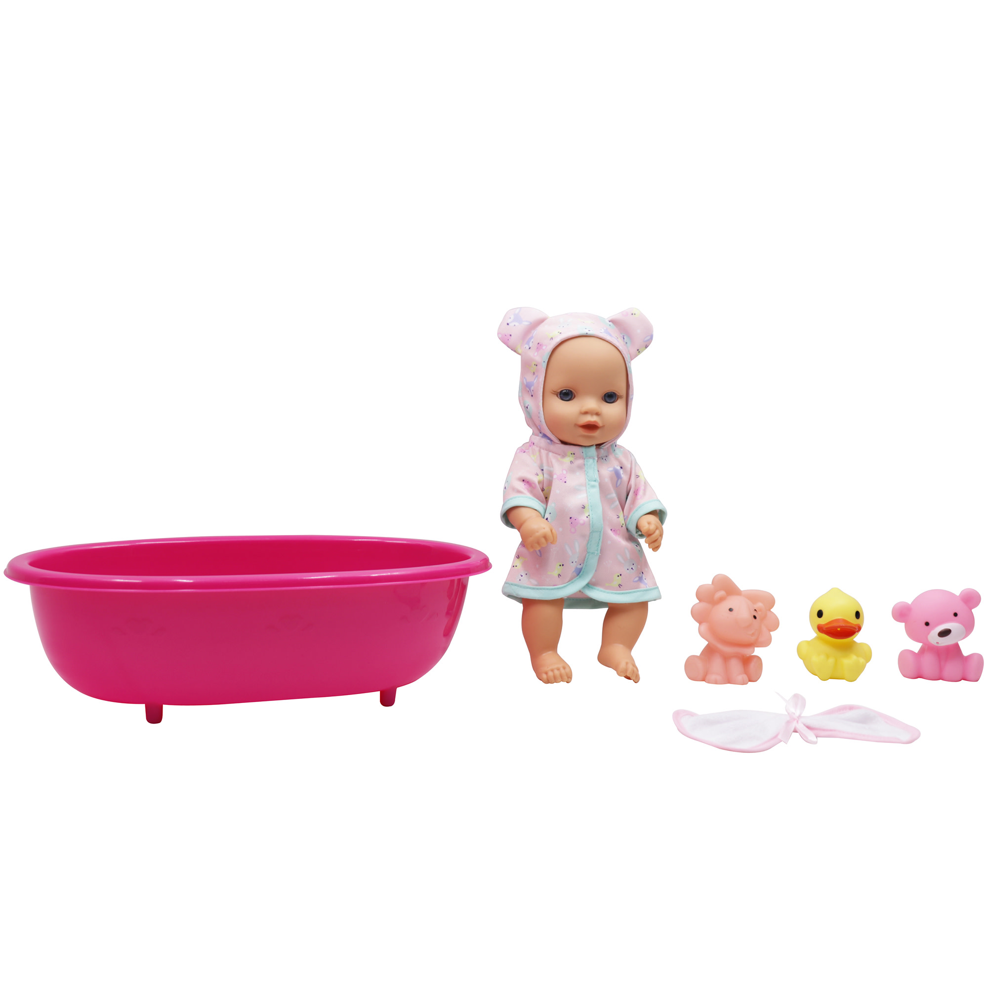 Dream Collection: 10" Baby Doll Bathing Playset - Pink & Blue - 3 Animal-Shaped Water Toys, Splash Tub, Robe & Towel, Hard Body, Kids & Toddlers 2+