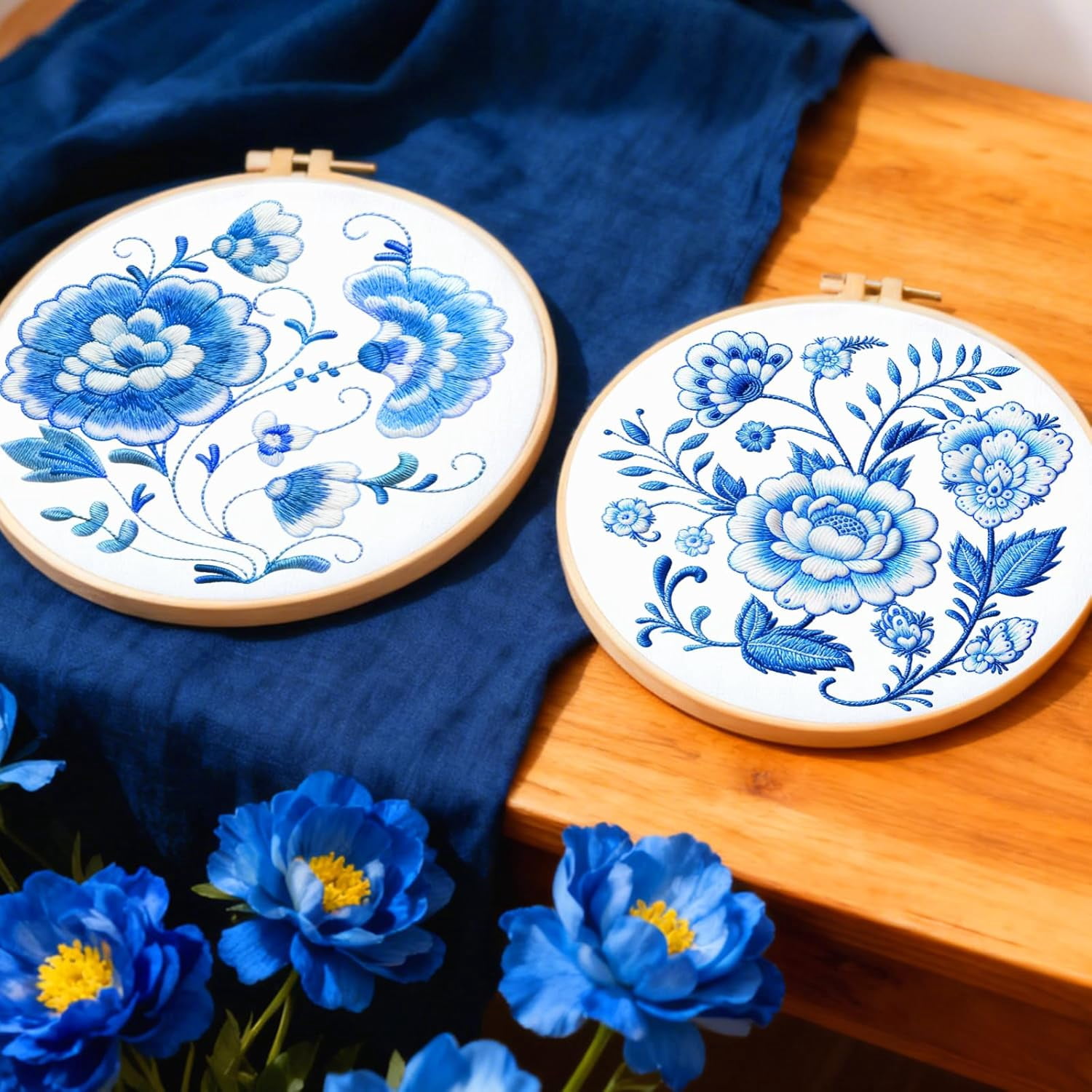 4 Set Embroidery Kit for Beginners, Blue Flower Cross Stitch Kits, Needlepoint Kits for Adults with Instructions and Full Kit, Hand Embroidery Patterns for Cloth and Home Decor