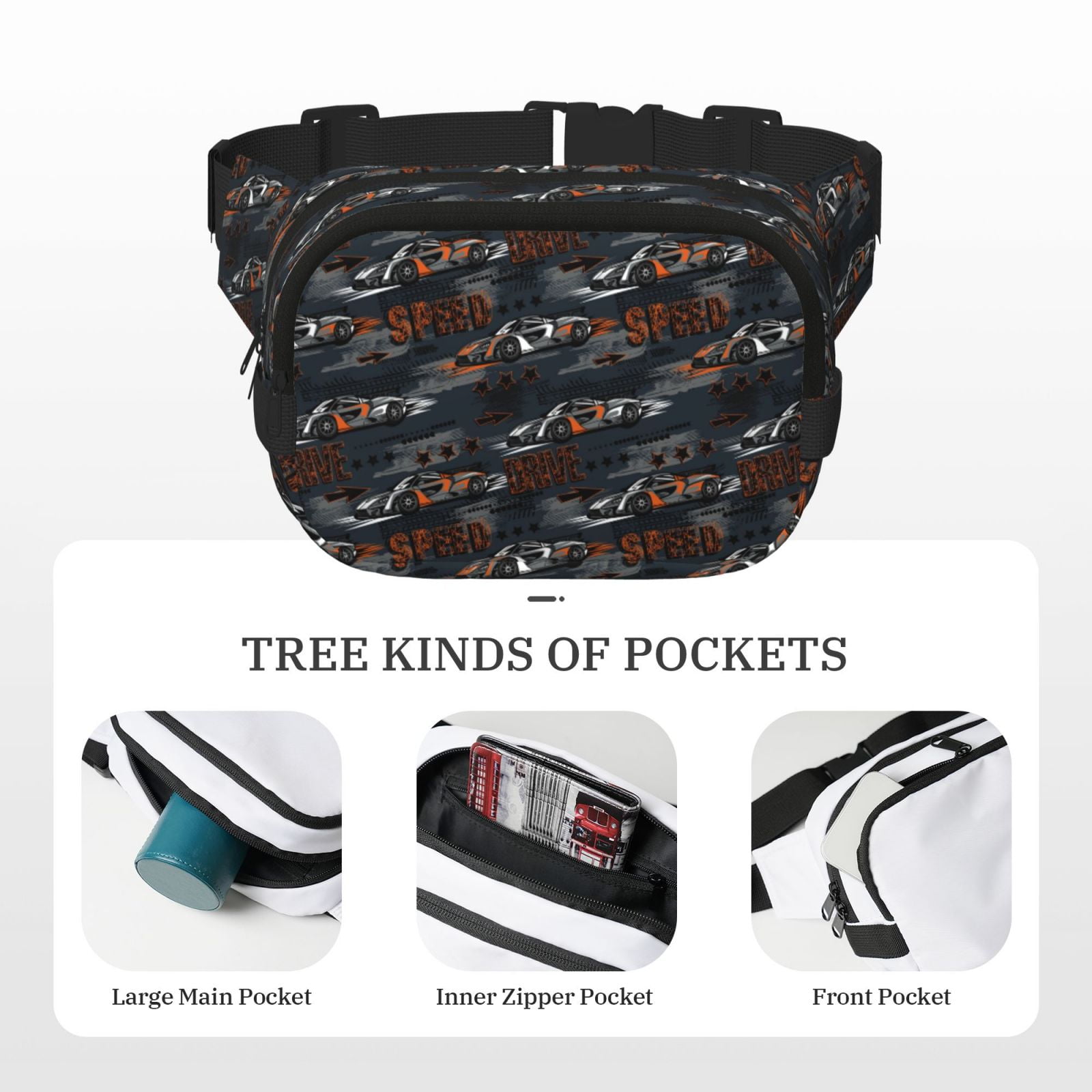 Picia Cool Sports Car Print Square Double-Layer Waist Bag Mini Adjustable Waist Belt Bag Exercise Running Travel Hiking
