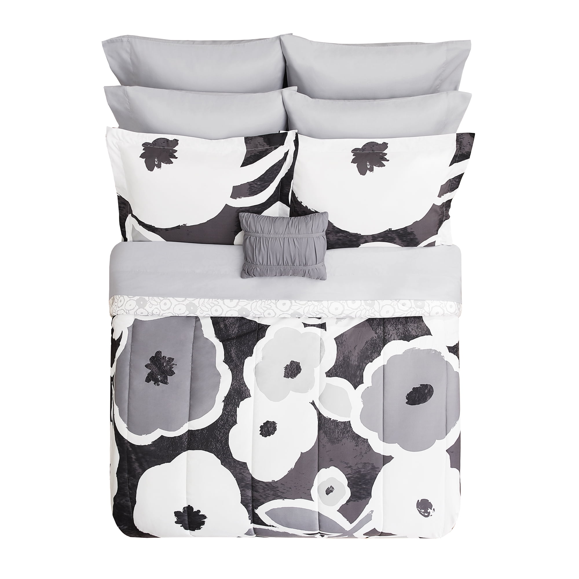 Free Shipping! Mainstays Rich Black Floral 10 Piece Bed in a Bag Comforter Set with Sheets, Queen, F(图3)