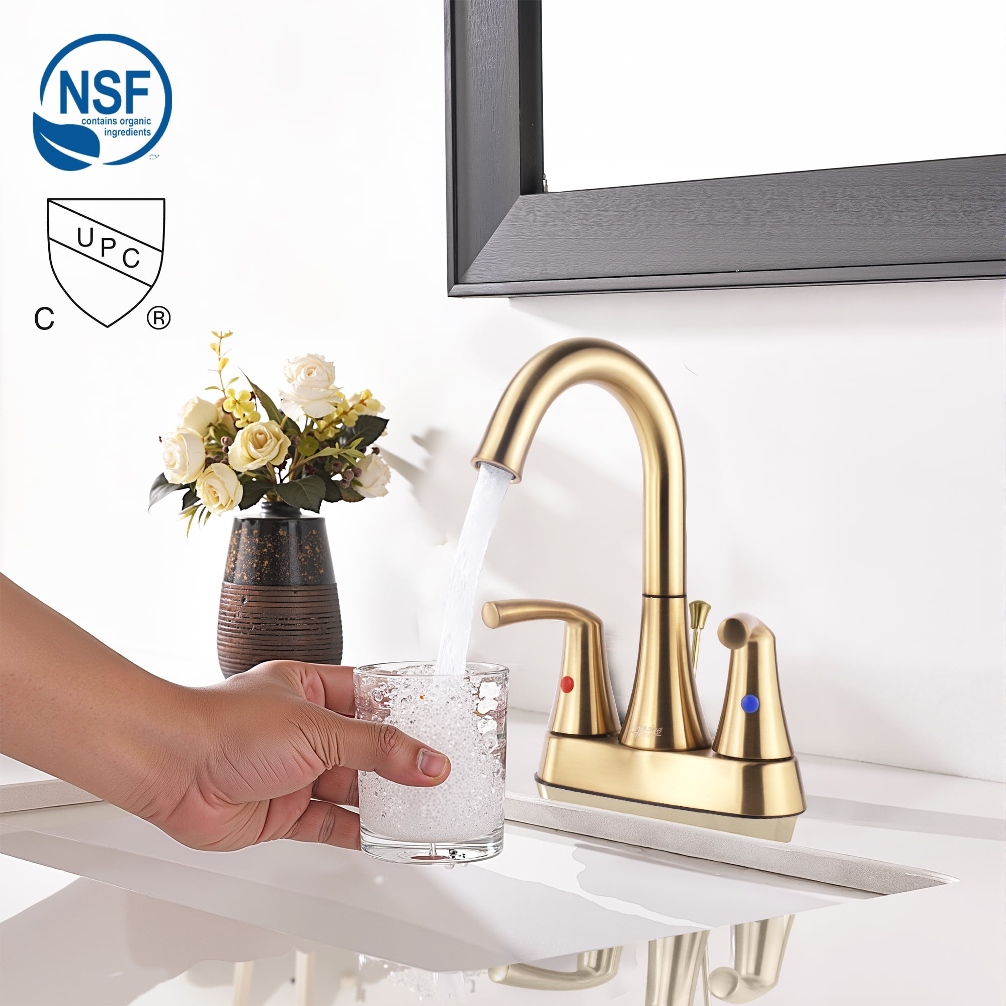 Sunrinx 4-Inch Bathroom Sink Faucet Brushed Gold 2 Handle Centerset High Arc Swivel Faucet