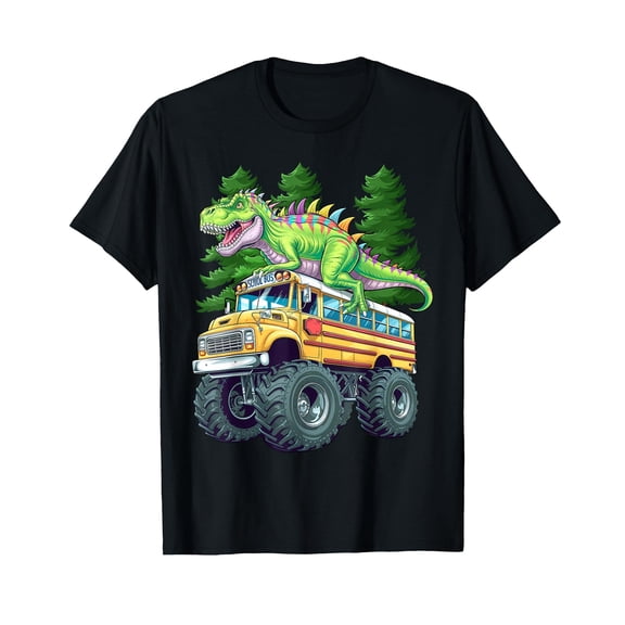 Vibrant Dinosaur T-Rex on Monster Truck School Bus Driver Graphic T-Shirt for Fun Adventures