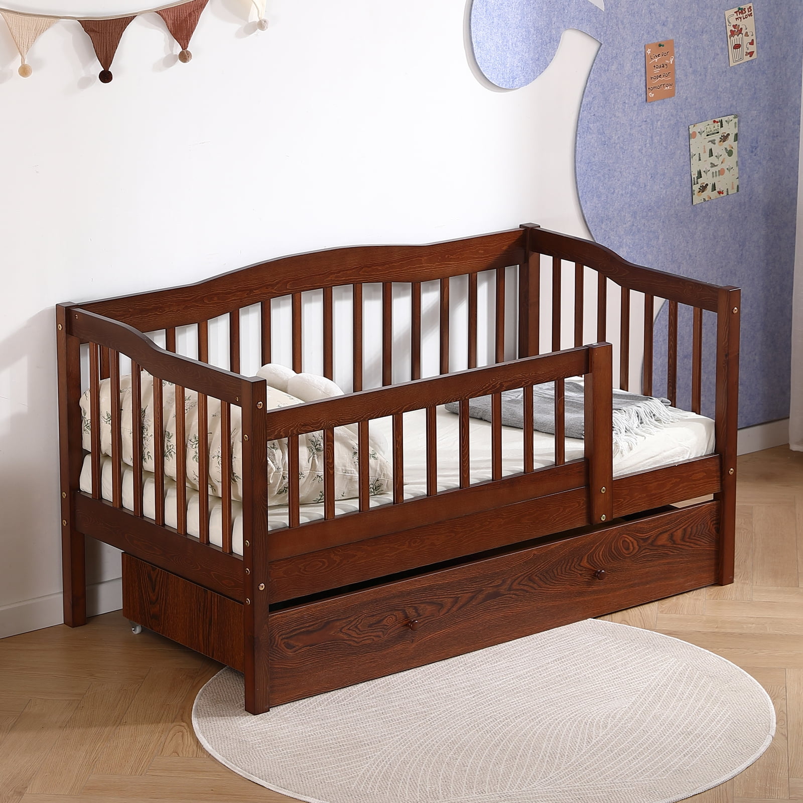 Ktaxon Toddler Daybed with Storage Drawers, Wood Kids Platform Bed Frame with Rails, No Box Spring Needed, Easy Assembly - Brown