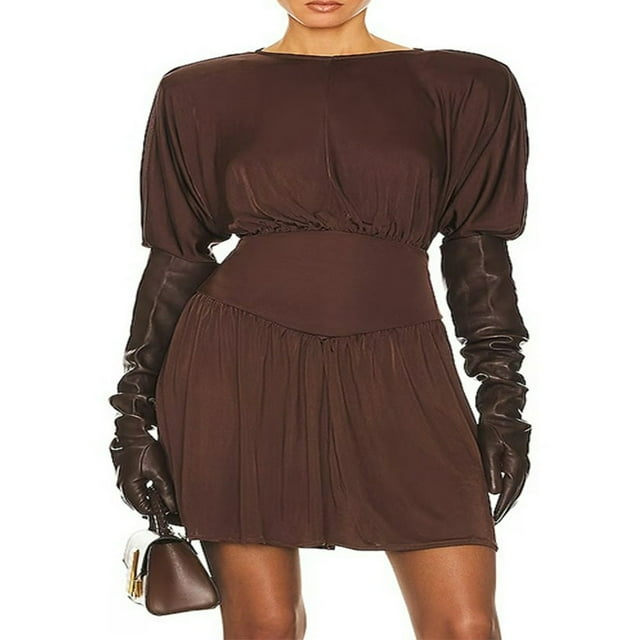 Robe de Cocktail Unie pour Femmes avec Manches Longues et Détails Plissés Ajourés