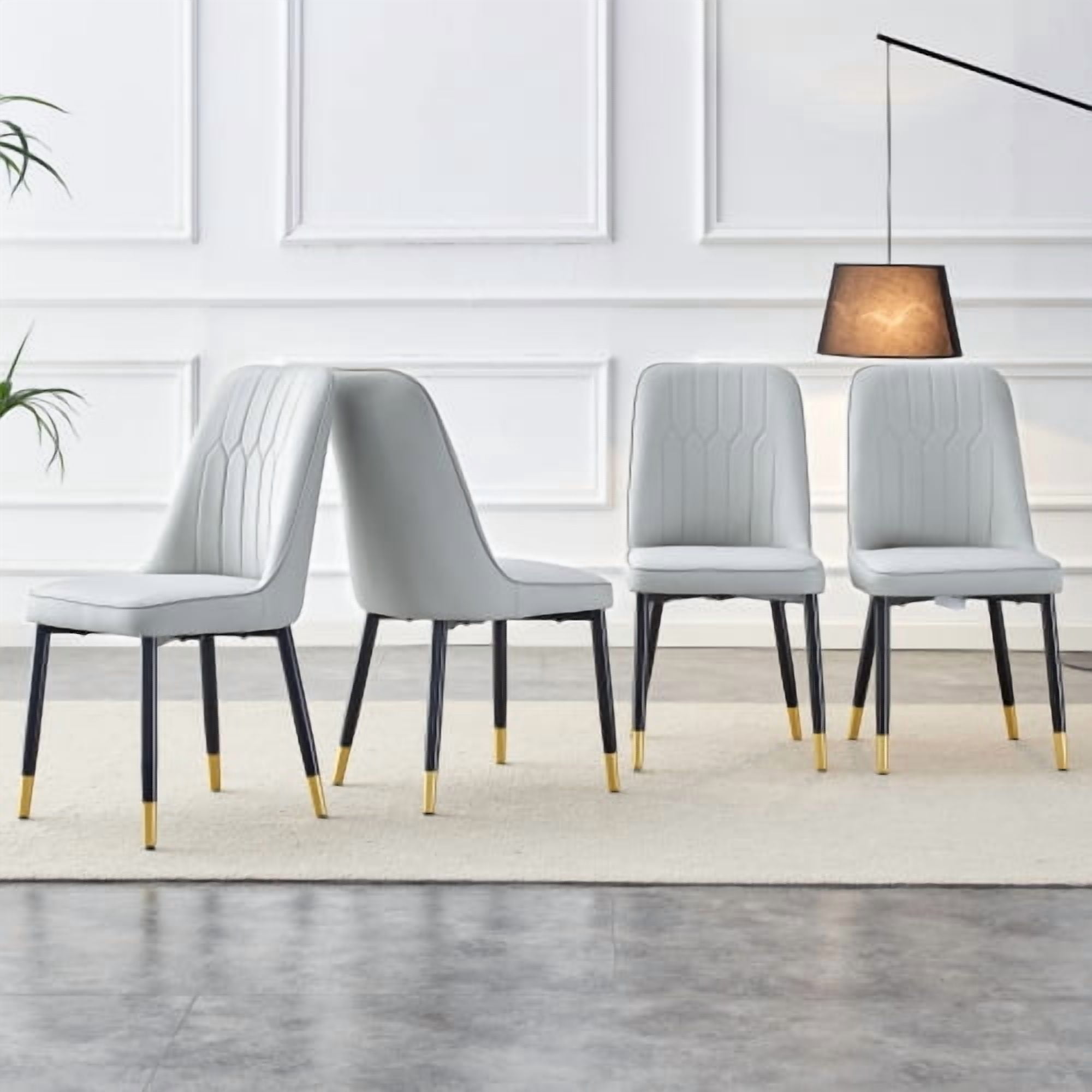Set of 4 Dining Chairs, Modern Light Gray PU Leather Chairs with Black Metal Legs, Soft Padded Seat for Kitchen Bedroom Restaurant