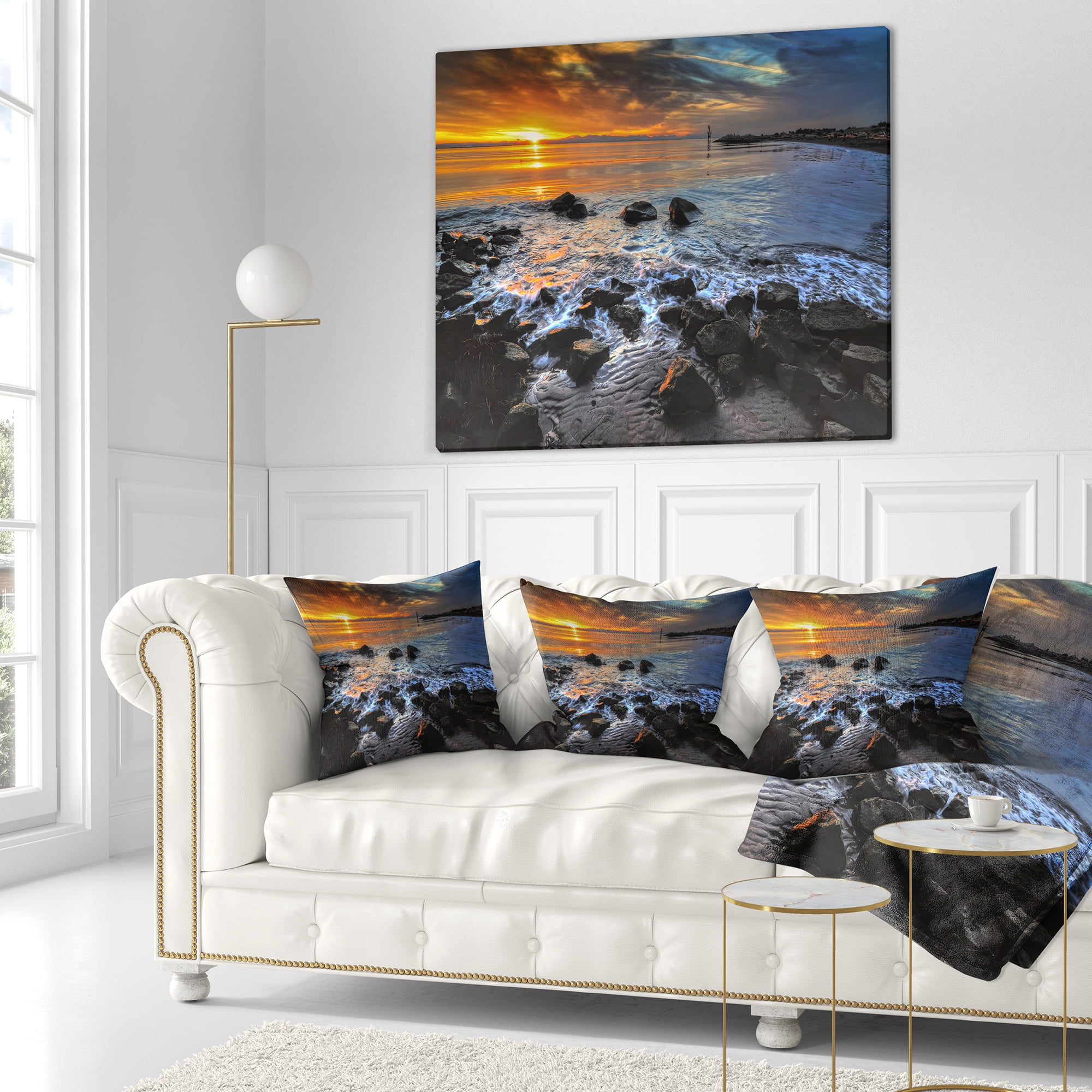 Designart Sunset over Rocky Ocean Shore - Landscape Printed Throw Pillow - 18x18