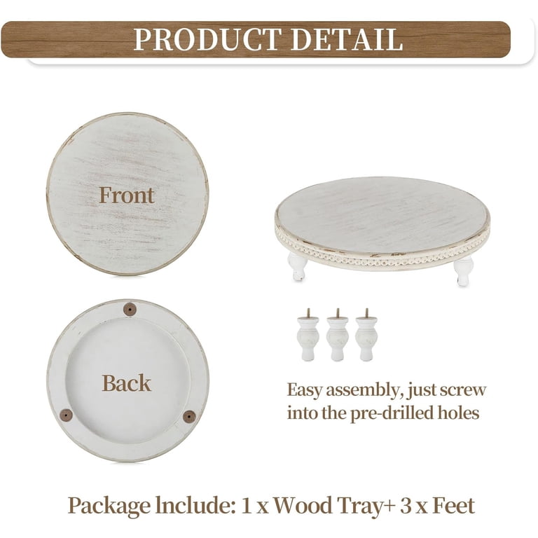 Hanobe Farmhouse Round Pedestal Tray, Whitewashed Wood photo 4