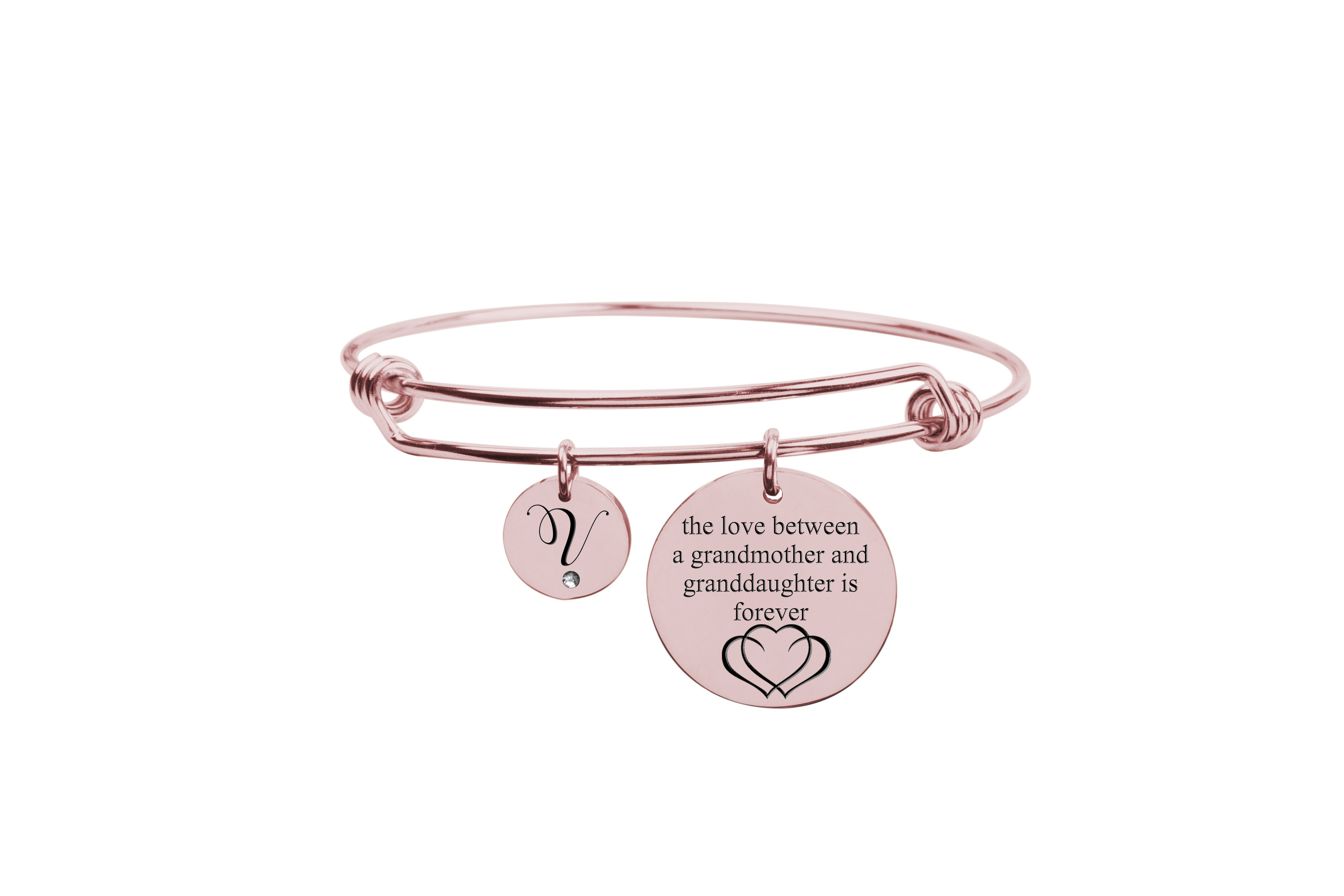 U Rose Gold Pink Box Love Between Grandmother Initial Bangle with Cubic Zirconia