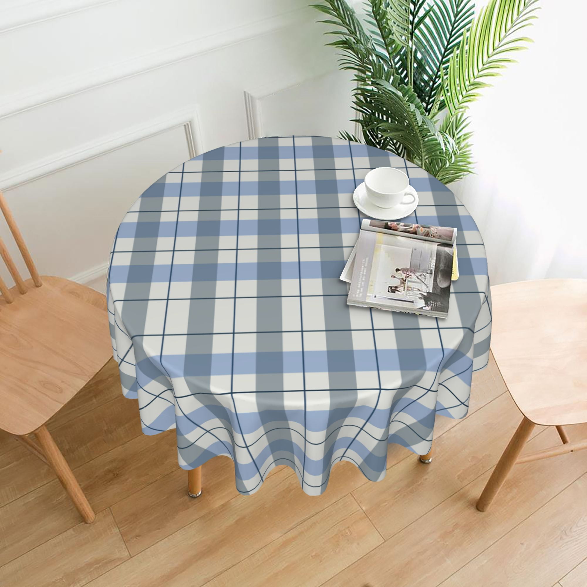 ZICANCN Round Table Cloths 60 Inch, Retro Blue Plaid Lines Table Cover