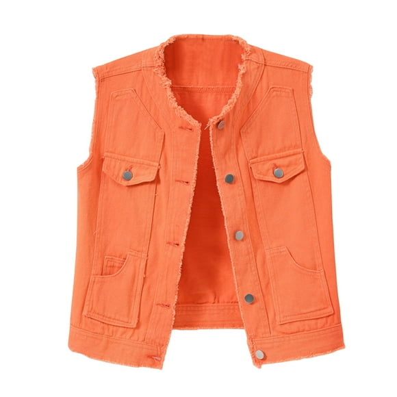 Women'S Casual Denim Vest Cropped Slim Fit Sleeveless Edge Jacket Lightweight Comfortable Stylish Outerwear Women'S Casual Jackets Orange Xxxl