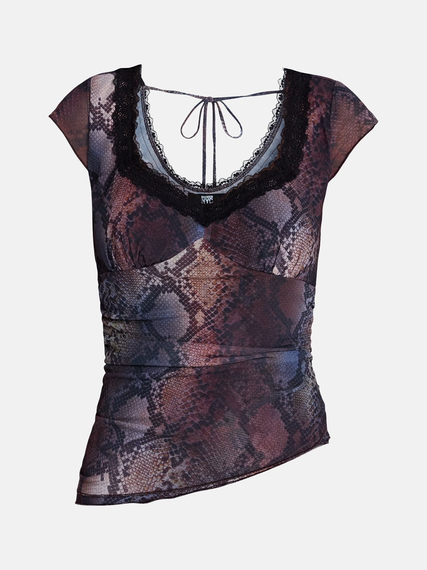 Madden NYC Women’s Asymmetrical Lace Top with Cap Sleeves, Sizes XXS-XXL