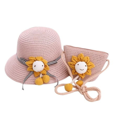 

Kids Children Girls Hat Cartoon Smile Sunshade Hat Straw Beach Sun Hat + Straw Bag