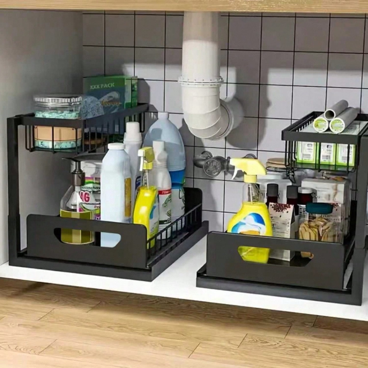 NTGFU 2 Tier Gray Under Sink Organizers and Storage, Slide Out Pull Out Cabinet Organizer Shelf, Metal Sliding Drawer for Kitchen Bathroom Pantry Cabinet Closet Organization Rack