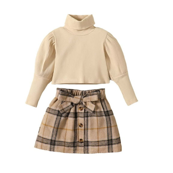 Kucnuzki 2T Toddler Girl Winter Outfits Skirts Sets 3T Long Sleeve Rib Knitted Stand Collar Top Elastic Plaid Skirts 2PCS Set Brown