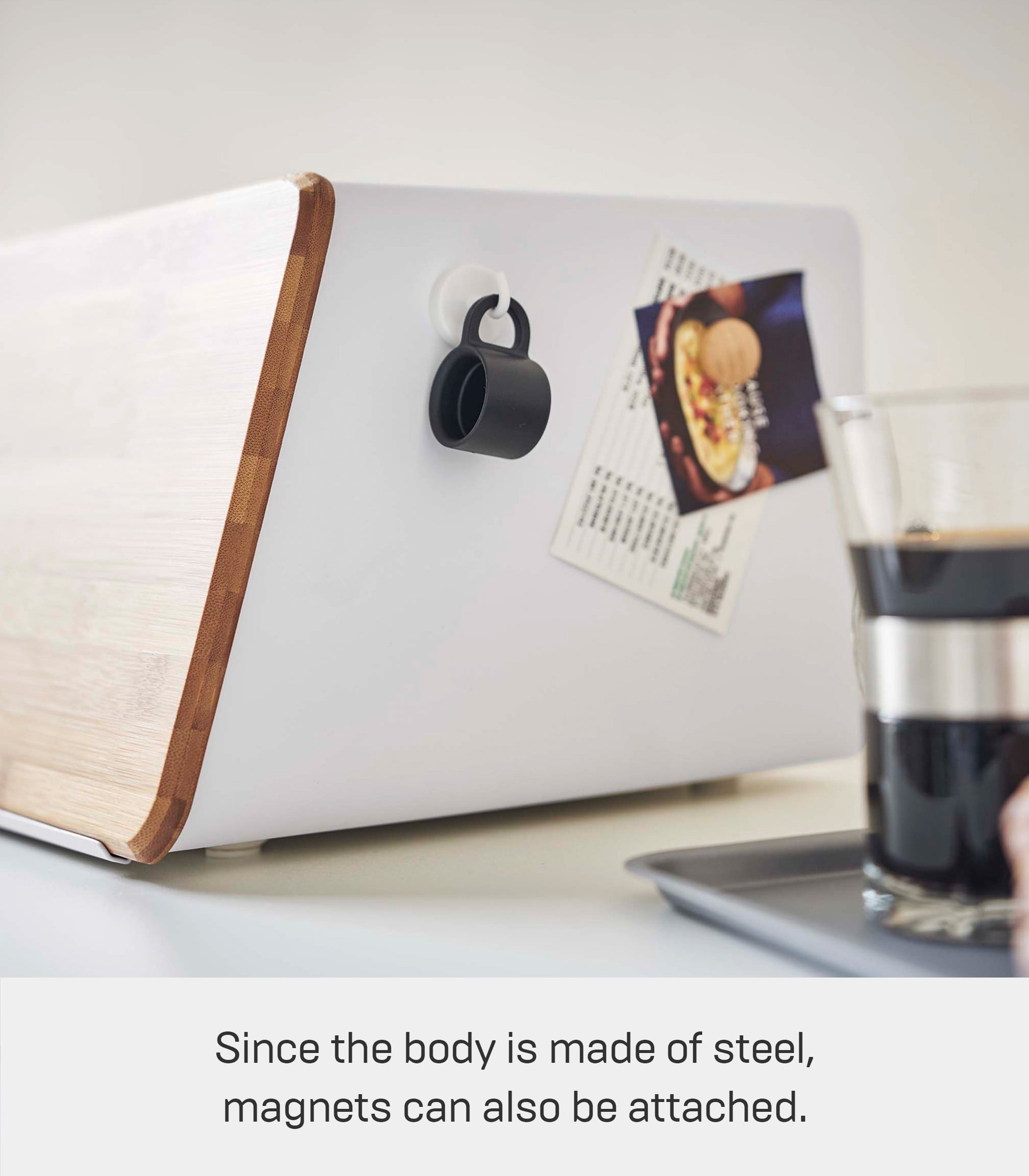 Yamazaki Home Bread Box with Cutting Board Lid, White, Steel + Bamboo, Lid, No Assembly