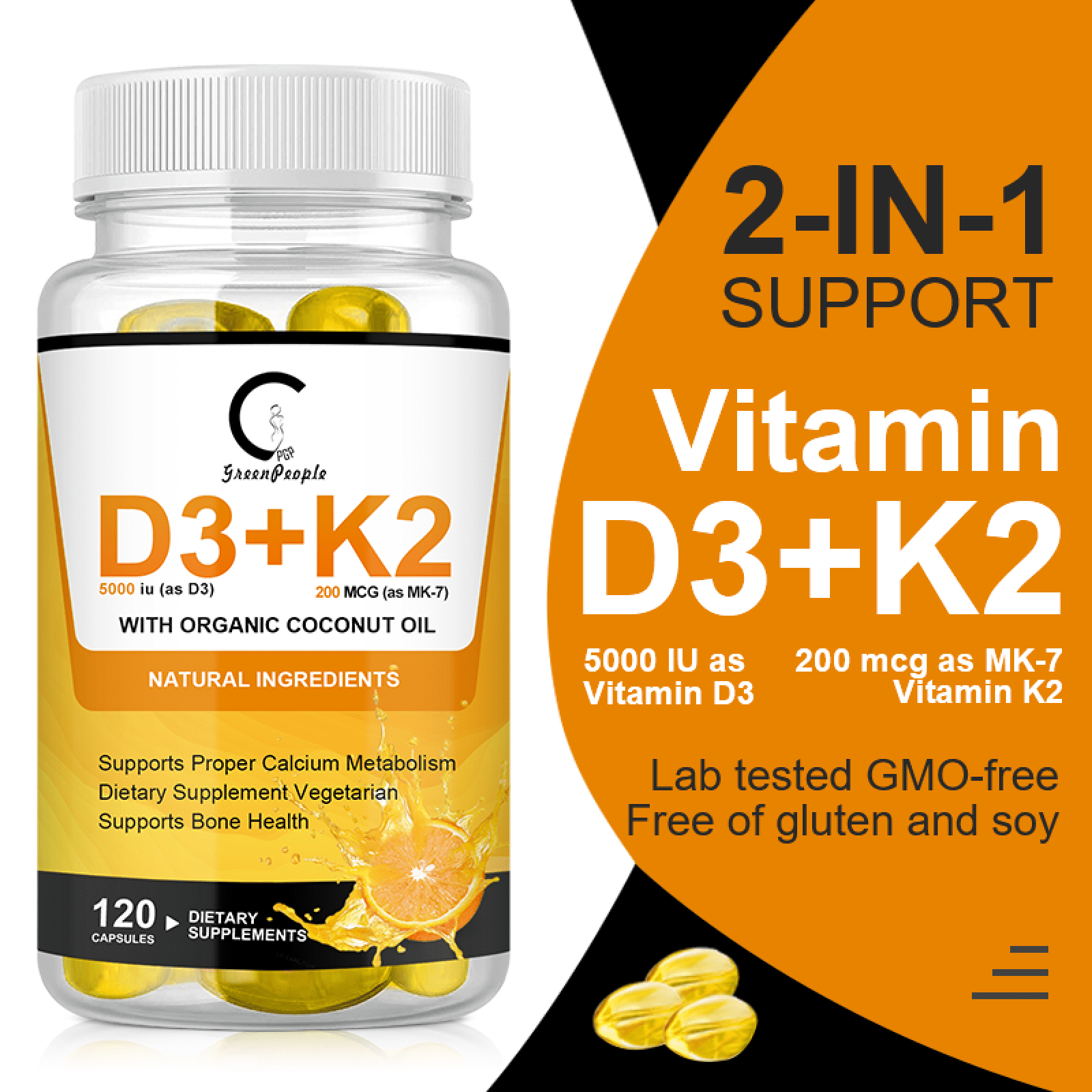 (2 Pack) D3 + K2 Capsules,Vitamin D3 5000iu K2 200mcg Supports Immune System, Bones Health,240 Count