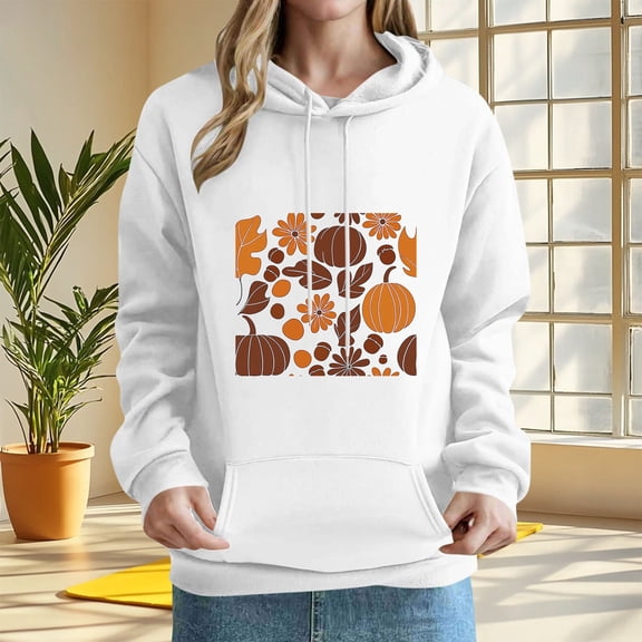 Mifsaly Thanksgiving Hoodie for Women Vintage Pumpkin Fall Graphic Pullover Sweatshirt with Pocket Long Sleeve Casual Autumn Clothes White,M