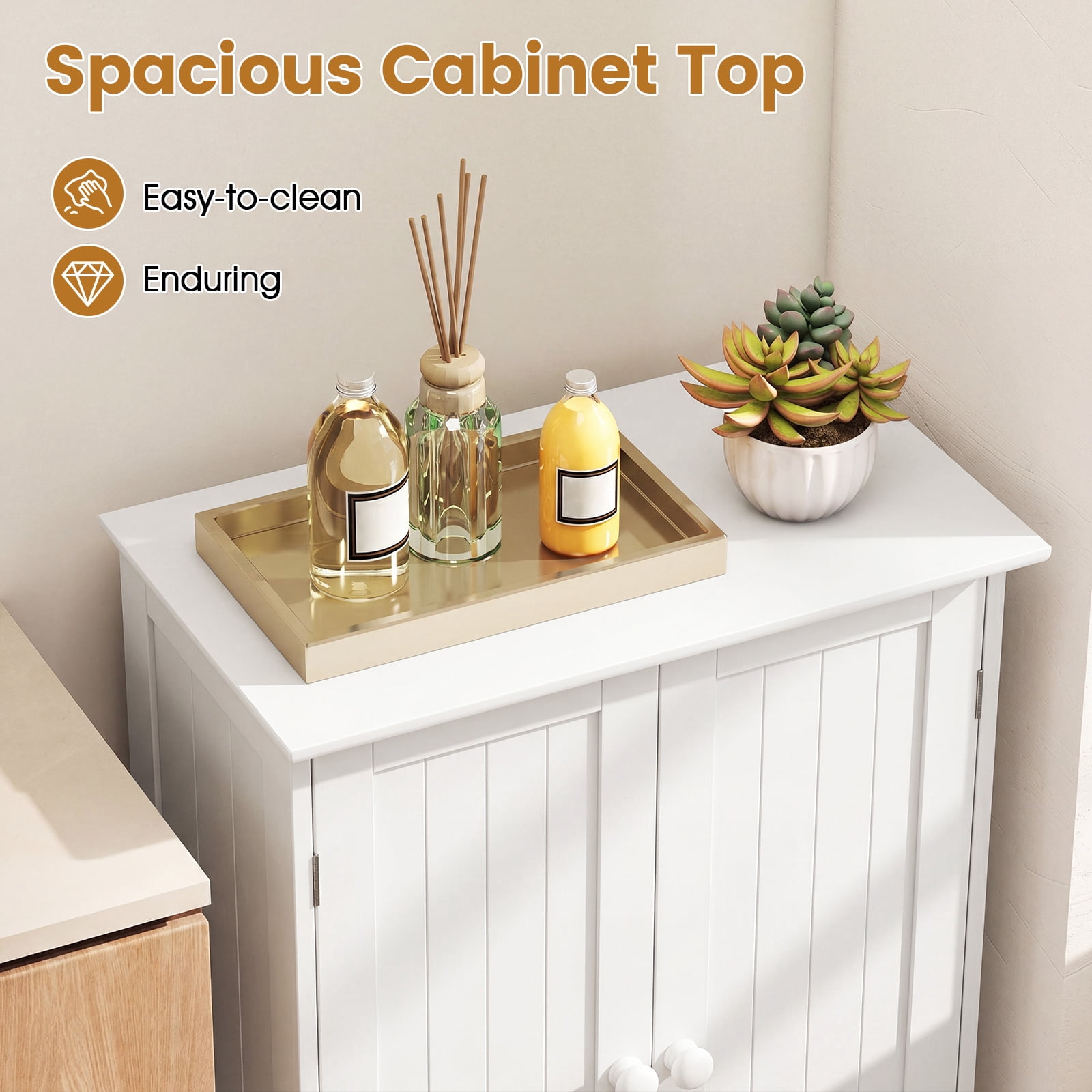 Gymax Bathroom Storage Cabinet Freestanding Wooden Floor Cabinet w/ Double Doors White