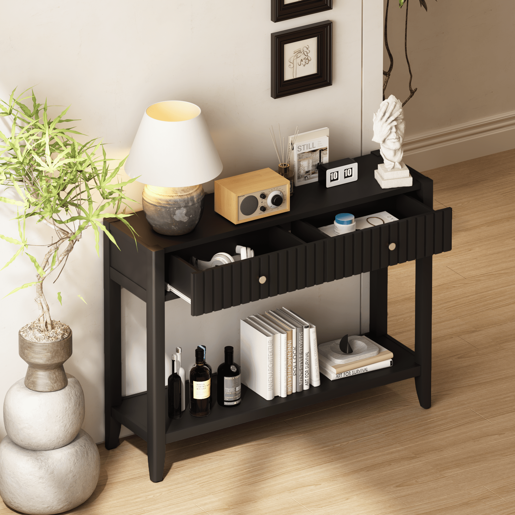 Narrow Console Table with Drawers and Storage Shelf, Wooden Entryway Sofa Accent Table, Slim Foyer Hallway Table for Living Room Front Hall Bedroom Office