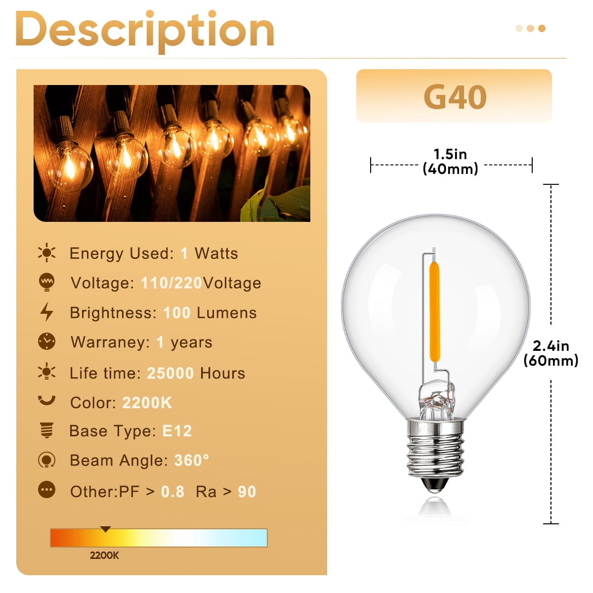 65FT LED Outdoor String Lights with 48 G40 Dimmable Globe Bulb, Waterproof  Hanging String Light for Christmas Backyard Porch Balcony Gazebo Party