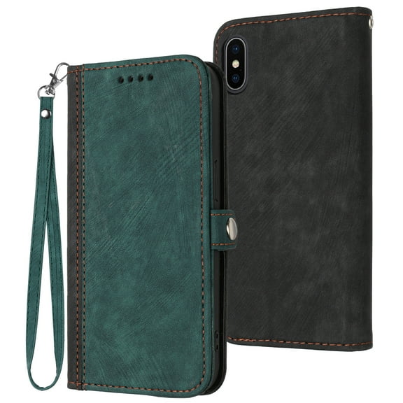 ELEHOLD for iPhone XS Max Wallet Case with Detachable Wrist Strap Handbag, Luxury PU Leather Flip Soft TPU Built-in Magnetic Card Slots Kickstand Function Shockproof Protective Cover Case,Darkgreen