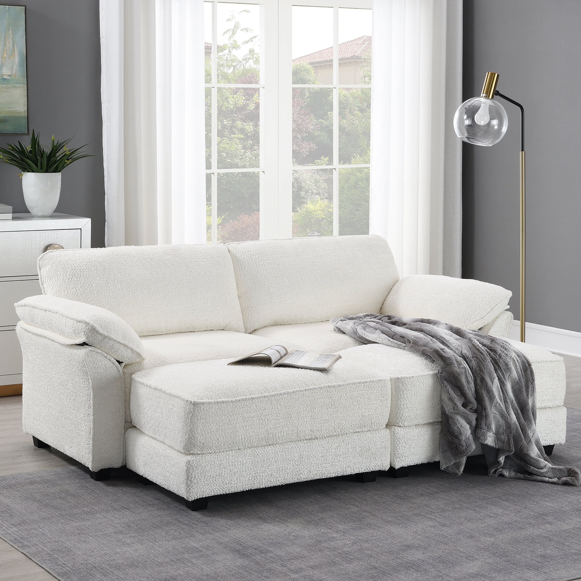 EUROCO 81" Modular Convertible Sectional Sofa Bed Set, Combinational 4 Seat Upholstered Sleeper Corner Couch Deep-Seat Loveseat with Removable Armrest Bag and Ottoman for Living Room, White