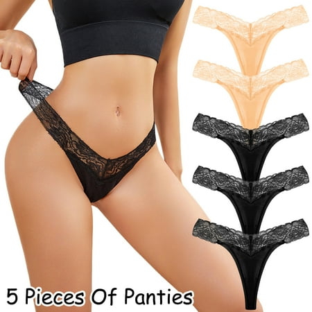 Alitao Cotton Underwear Thongs for Women Plus Size Underwear Lace Panties Underwear Bikini Solid Womens Briefs Knickers 5 Pieces Cotton Panties No Show Underwear Panties for Women Black 2 M