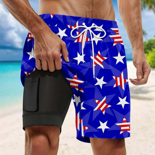 WILLBEST Dry Board Retro Vintage Men's Beach Shorts Distressed Independence Day Graphic Print Reinforced Double Layer Design Short Pants 171