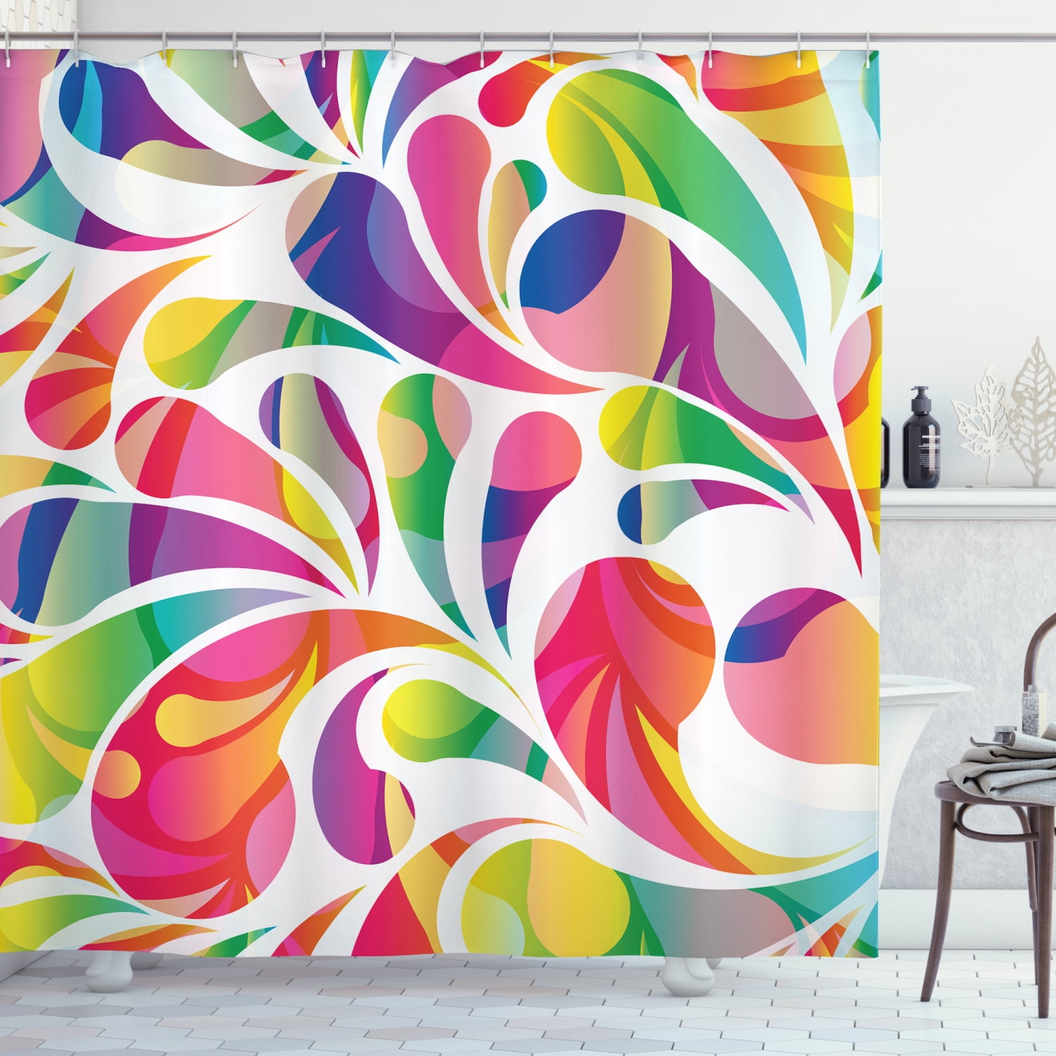 Colorful Shower Curtain, Abstract Arcdrop Shapes Energetic Composition
