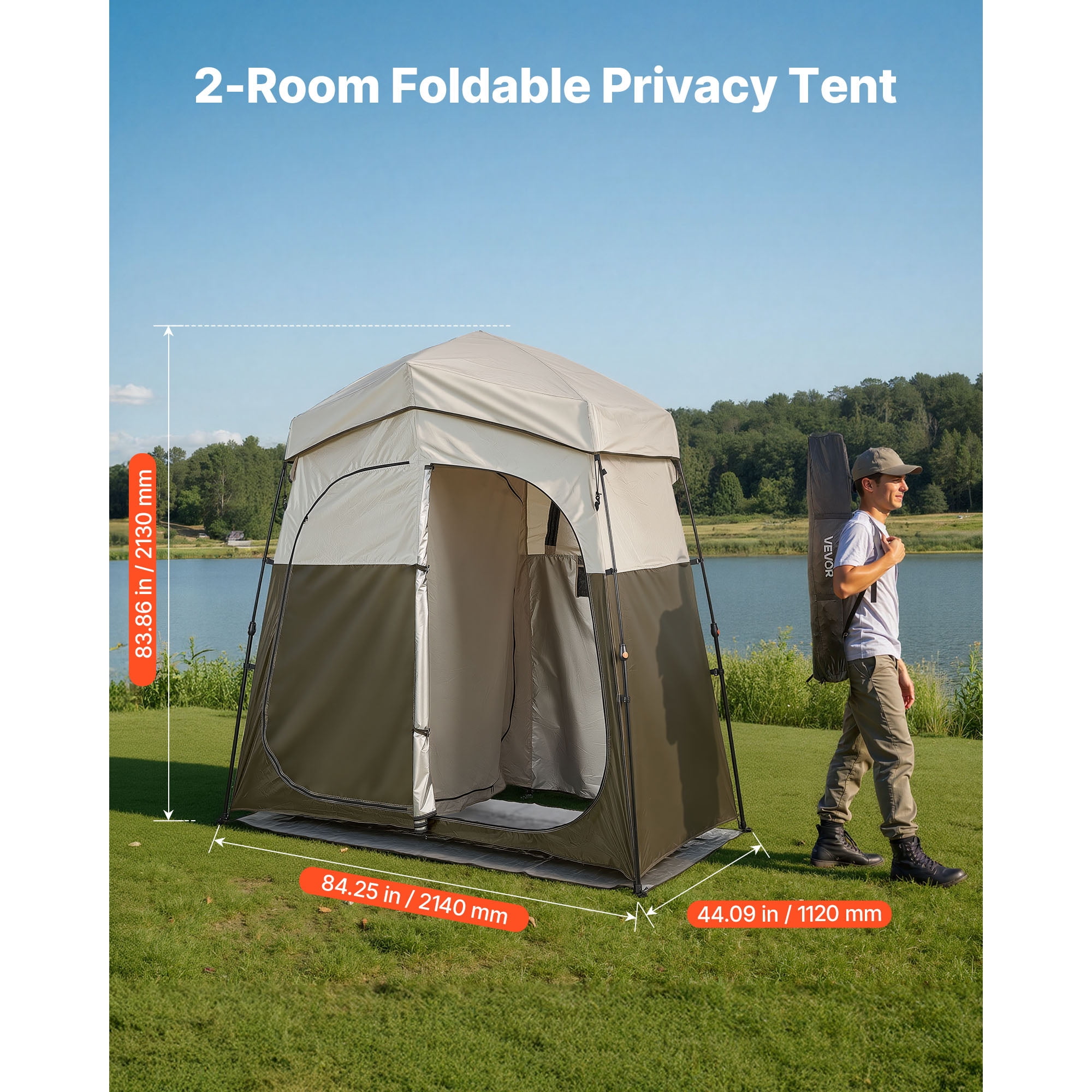 KFFKFF Portable Camping Shower Tent, Dual-Room Privacy Shelter with Stakes, Ropes, and Carry Bag, Durable 150D Oxford Fabric with Silver Coating, Ideal for Camping, Beach Trips, and Fishing