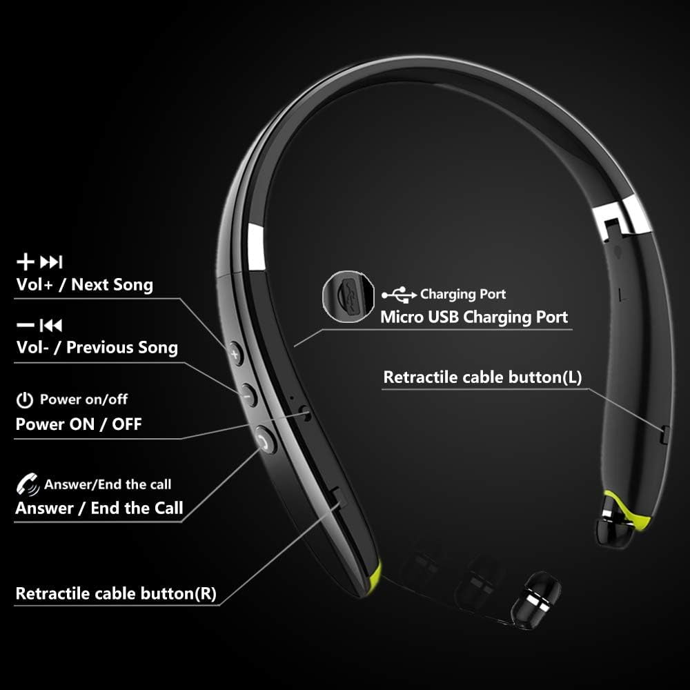 Bluetooth Headphones, Upgraded Foldable Wireless Neckband Headset with Retractable Earbuds, Noise Cancelling Stereo Earphones with Mic for Workout, Running, Driving (with Carry Case)