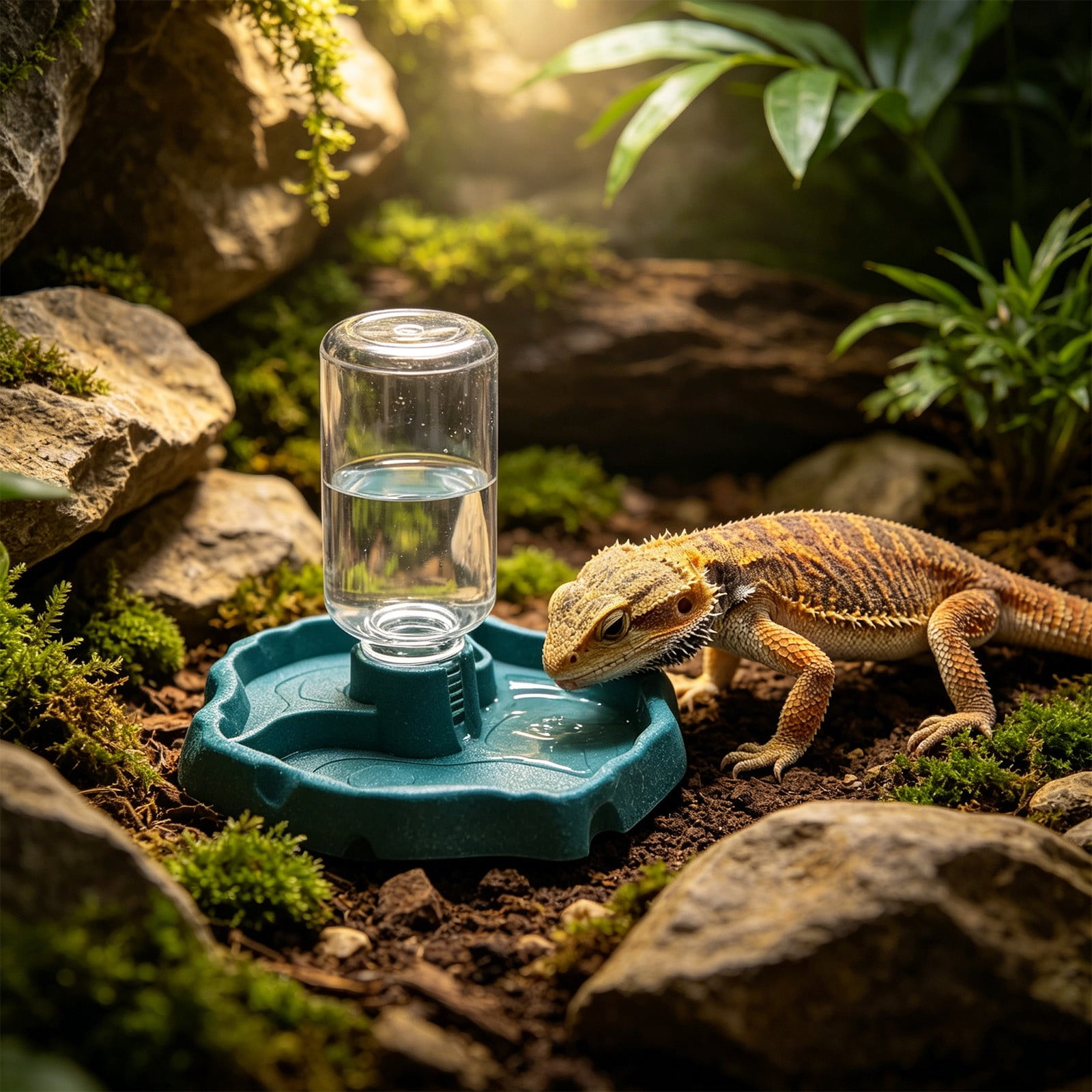 Reptile Water Dispenser TOUMENY Automatic Water Feeder for Tortoise Lizard Gecko Non-Spill Leak Proof Gravity Watering Bowl for Reptile Tank Chicken Coop Small Pets Blue