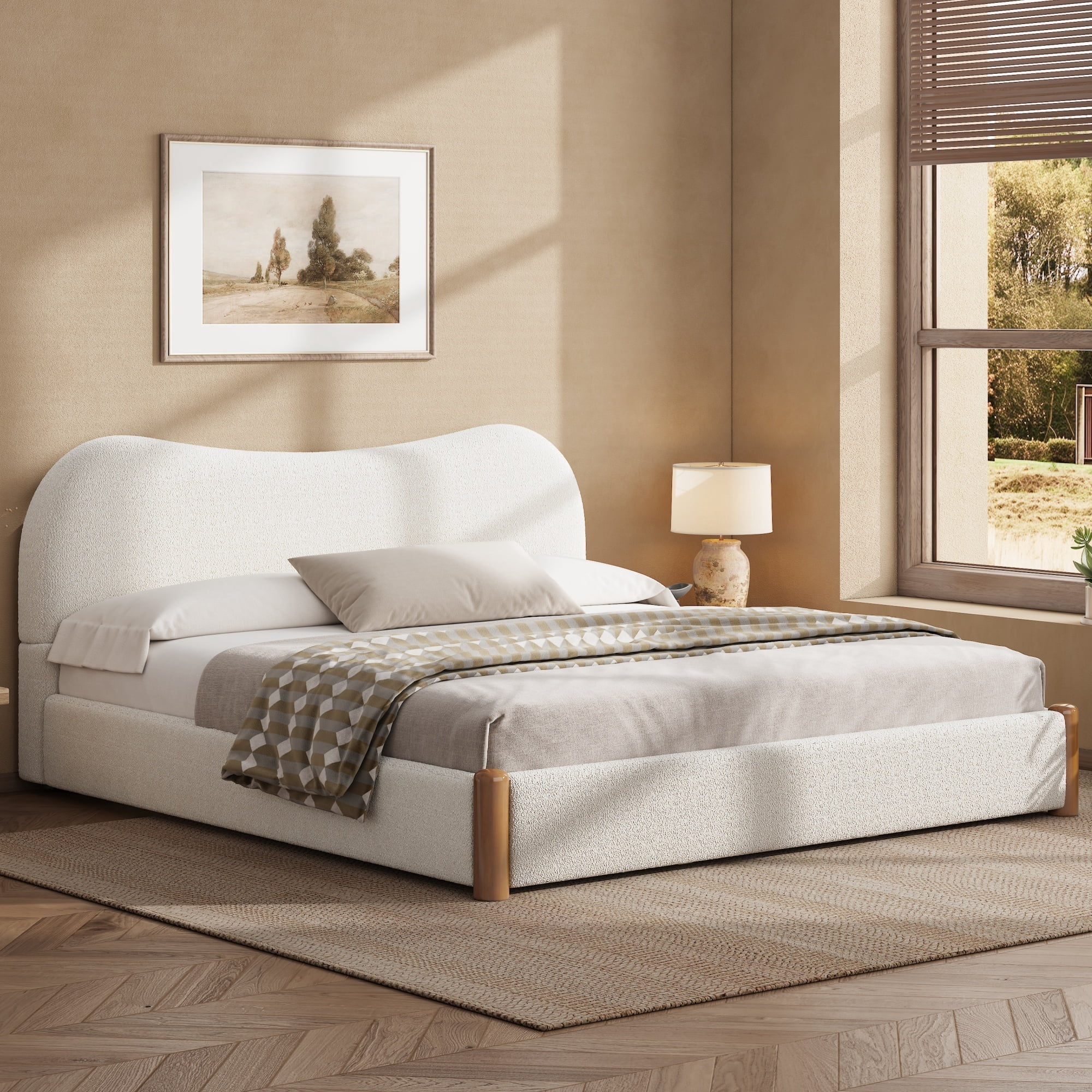 Euroco Upholstery Queen Size Platform Bed, White