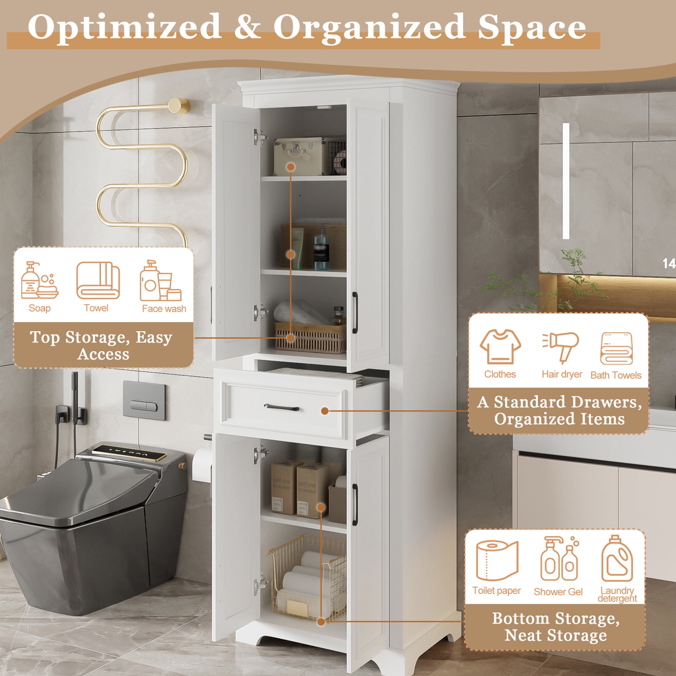 Noble House 70.8"H Freestanding Cabinet, 4 Doors 1 Drawer Space-Saving Storage with Adjustable Shelves, White