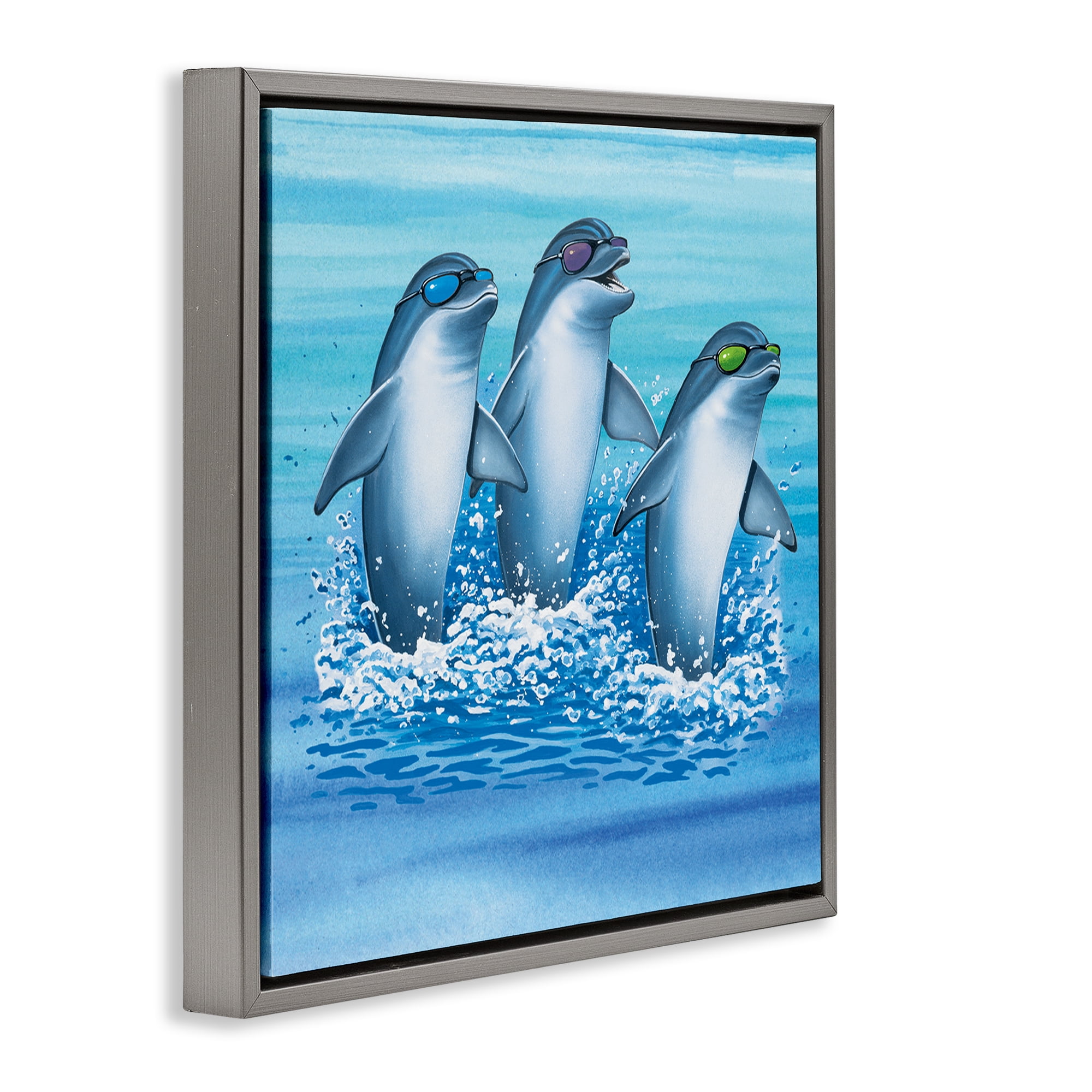 Stupell Industries Cool Dolphins Trio Animals Painting Gray Floater Framed Canvas Art Print Wall Art, 25 x 25