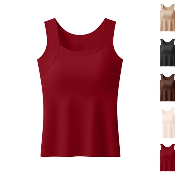 Tank Tops with Built in Bras for Older Women Sleeveless Wide Strap Camisole Padded Seamless Shaping Camisole Soft Smoothing Oversized Cami Shelf Bra Loose Fit Plus Size Tanktops Red 4XL