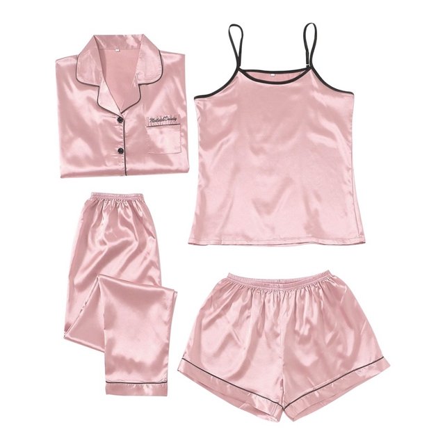 4 Piezas De Pijamas De Seda Conjuntos Para Las Mujeres sexy Ropa De Dormir Sexo sling shorts De Manga Larga Pantalones Largos Satén
