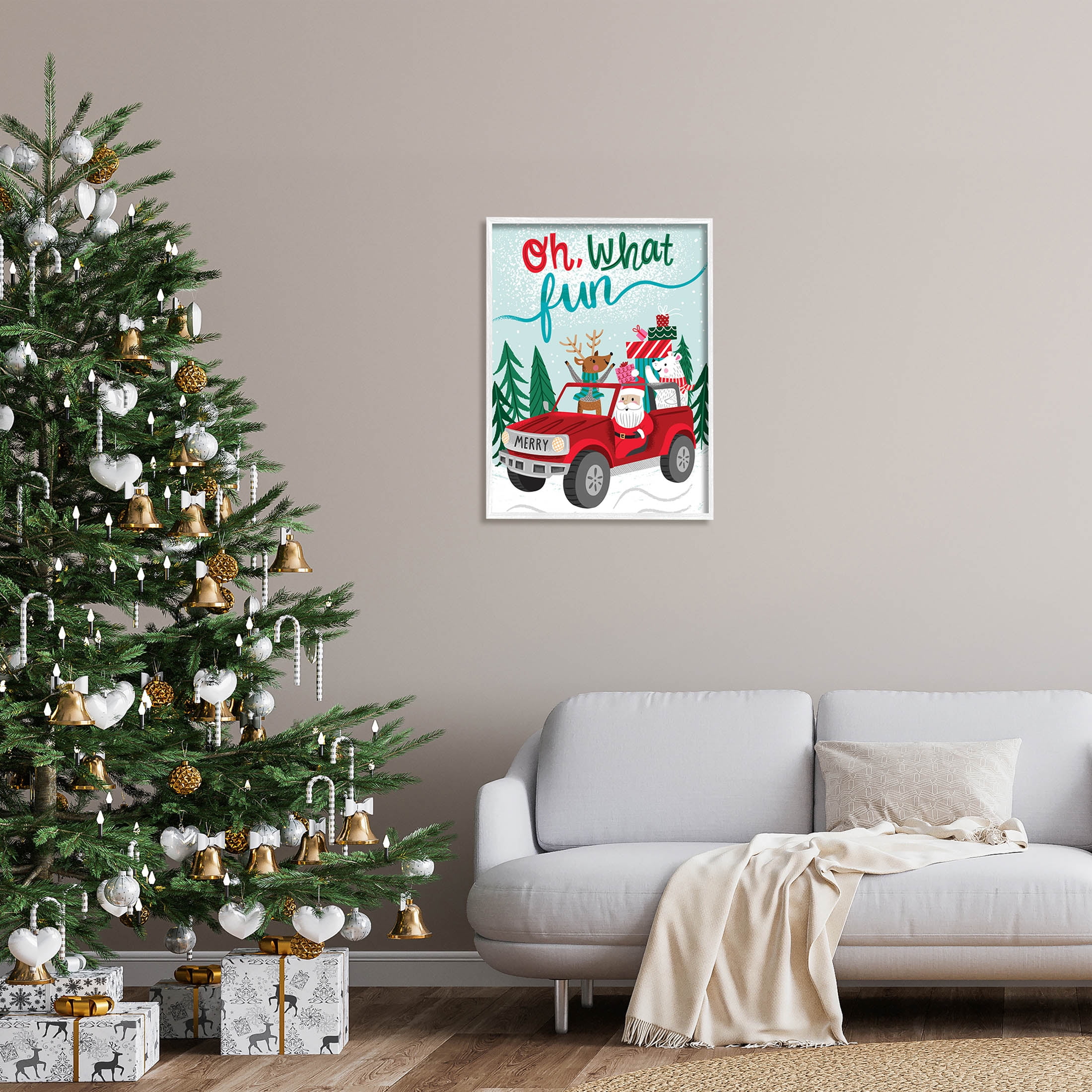 Oh What Fun Santa Driving Gifts Holiday Graphic Art White Framed Art Print Wall Art