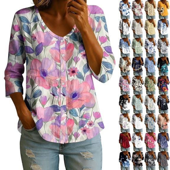 VBVC Women's Floral 3/4 Sleeve Button Down Shirt , Casual Loose V-Neck Blouse For Women, Ladies' Breathable Tunic Tops with Pockets,Multicolor,S-2XL