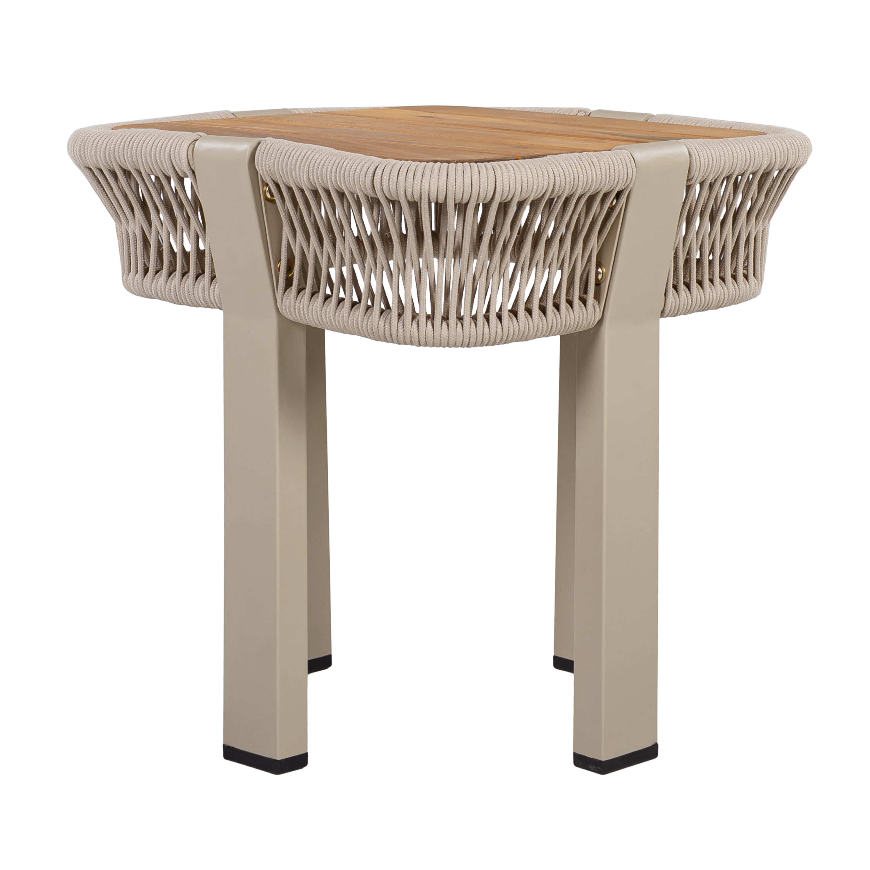 Outdoor Side Table 18.11 Inch, Acacia Wood Top with Beige Rope and Metal Frame for Patio Balcony, Teak and Beige