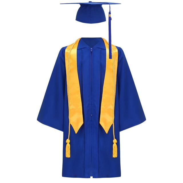 inlzdz Robe de Collation des Grades Unisexe pour Enfants Garçons Filles avec Pompon Doré Écharpe Simple 2025 Bleu 42